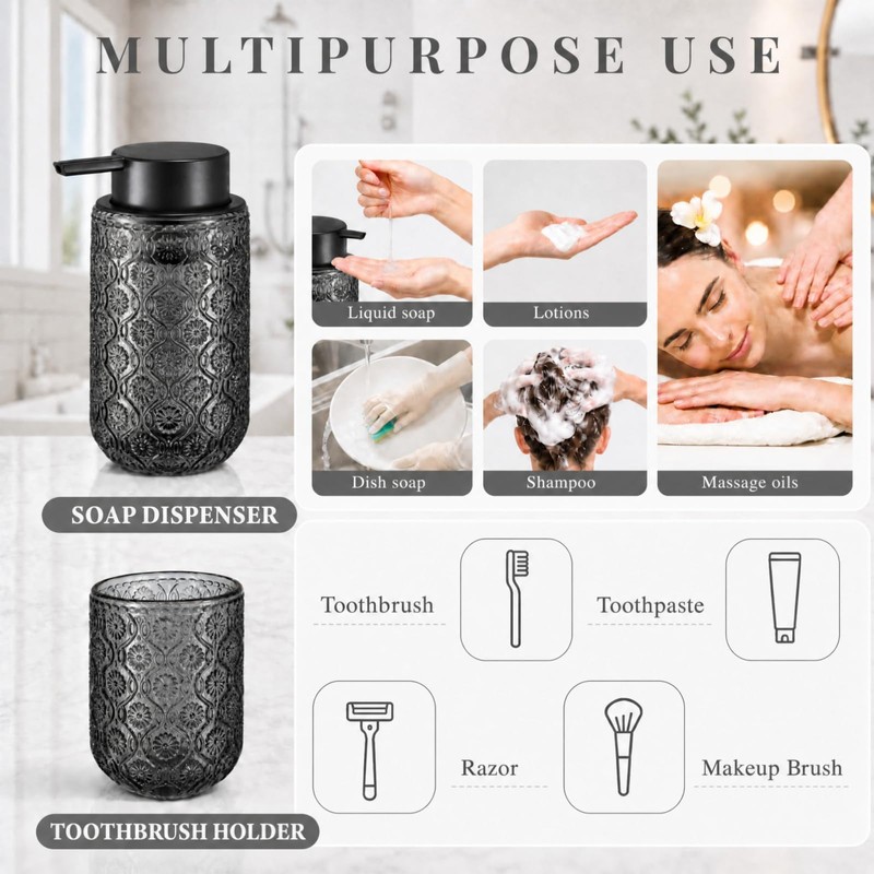 Grey Glass Bathroom Liquid soap Dispenser and Toothbrush Holder Set