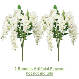 HyeFlora Fake Flowers Outdoor Plants, 2Pcs White Hanging Wisteria Decoration for Home Porch Patio Balcony Planter Yard, UV & Fading Resistant, Wedding Bouquets