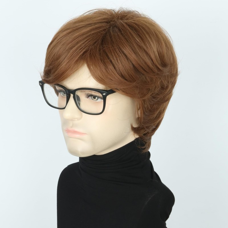 Topcosplay Mens Wigs with Glasses Short Brown Ginger 60s 70s