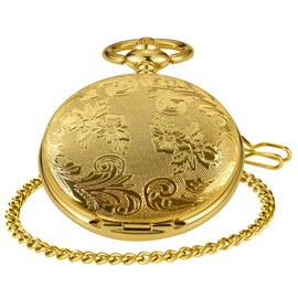 Realpoo Both Sides Gold Carved Flower Quartz Pocket Watch Quartz Movement, Quartz Pocket Watches with Chain Clip for Men-Gold