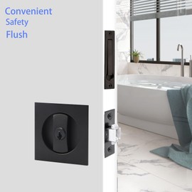 Dontay Pocket Door Lock with Key, Contemporary Entrance Sliding Barn Door Lock Latch, Recessed 2 Sided, 2 3/8" Backset, Flush Handles Hardware (Including Edge Pull, Matte Black, Square - 1 Pack)