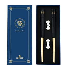 AMOTANG 2 Pairs Stainless Steel Chopsticks with Chinese Forbidden City Design, Includes 2 Ceramic Chopstick Holders, Dishwasher Safe, Non-Slip and Reusable Chopsticks in Black