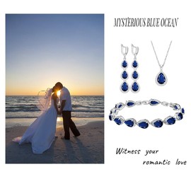 LMXXVJ - Juego de collar y aretes largos, chapado en oro blanco, juego de joyas de zafiro azul creado para boda, fiesta, regalo para mujeres y damas de honor, Cobre, Zafiro sintético