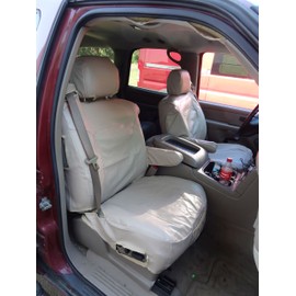 Durafit Seat Covers, 2000-2006 Chevy Suburban,Tahoe and GMC Yukon Front Captain Chairs with Side Impact Airbags and Electric Controls. Custom Covers in Taupe Leatherette. SEAT Belts in TOP of Seats.