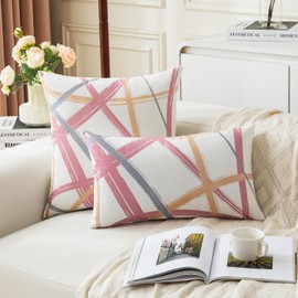 Jayusaror Pink Cushion Cover, 50 x 50 cm, Velvet Yellow Grey Cushion Covers, Soft Sofa Cushion, Geometric Decorative Cushion, Modern Cushion Cover for Living Room, Sofa, Bedroom Decor, Set of 2