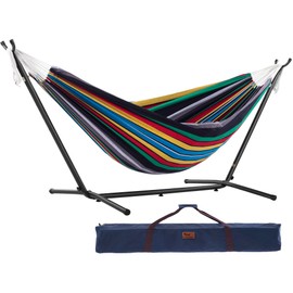 Vivere Double Cotton Hammock with Space Saving Steel Stand, Upgraded Polyester End Strings 450 lb Capacity - Premium Carry Bag Included - USA Grown Cotton (Rio Night)