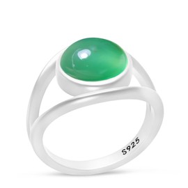 Classic Simple Plain Round Natural Green Agate Stone Ring,925 Sterling Silver Real Quartz Crystal Gemstone Statement Ring for Women Her (A11_Green Agate, 9)