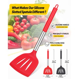 2er Set Silikon Spateln, Antihaft Küchen Turner, Hoch Hitzebeständigem BPA-freie Kochen, Geschlitzten Spateln, Idealem Kochgeschirr für Fisch Eier Pfannkuchen (Großer Schlitzspatel Schwarz Rot)