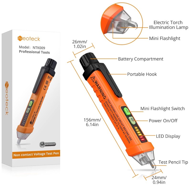 Neoteck Non-Contact AC Voltage Tester Pen, AC 12-1000V, LED Flashlight,