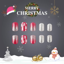 Christmas Red Press on Nails Short Square Snowflake False Nails Cute Fake Nails with Designs Glitter Silver Artificial Nails Glossy Acrylic Glue on Nails Christmas Tree Stick on Nails for Women Girls