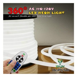 IEKOV [Upgrade] 360° LED NEON Light, AC 110-120V Flexible 360 Degree LED Neon Strip Lights, Dimmable & Waterproof NEON LED Rope Light + Remote Controller for Decoration (16.4ft/5m, White)