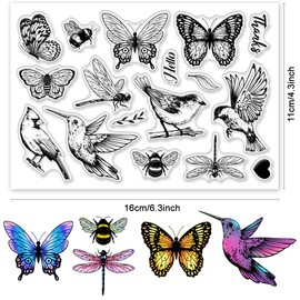 INFUNLY Vintage Bird Clear Stamps Butterfly Insect Rubber Stamps for Card Making 4.3x6.3 Hello Thanks Transparent Greeting Stamps Dragonfly Bee Silicone Stamps for Scrapbooking Photo Album Decor