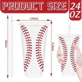 FYSUIMU 12 Pcs Baseball Party Cups with Lids Straws Sports Ball Plastic Tumblers Red White Birthday Reusable Water Bottle for Iced Coffee Drinks Travel, 24 Oz