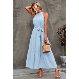 PRETTYGARDEN Women's Summer Maxi Sun Dress Sleeveless Halter Neck Flowy Ruffle Hem Long Boho Dresses with Belt (Solid Light Blue,Large)