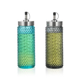 1500° C TABLETOP Hobnail Oil and Vinegar Dispenser set of 2, 16.7 oz, Blue and Gray Colored Olive Oil Glass Bottle Set No Drip with Metal Pour Spout for Kitchen Cooking and Grilling
