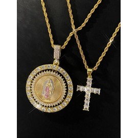 Virgin Mary Pendant Rope Chain & Cross Pendant Necklace, Charm Necklace, Necklaces for Women, Rhinestone Decor Layered Necklace, Fashion Jewelry Accessories for Women & Men