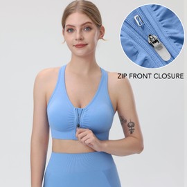 Evercute Women's Zip Front Sports Bras Wireless Padded Racerback Medium Support Post-Surgery Bra Yoga Exercise Athletic Bras