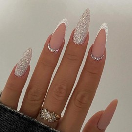French Tip Press on Nails Almond Fake Nails with Designs White Nails Press on Acrylic Nails Glitter Silver False Nails Rhinestones Artificial Glue on Nails Medium Length Stick on Nails for Women 24Pcs