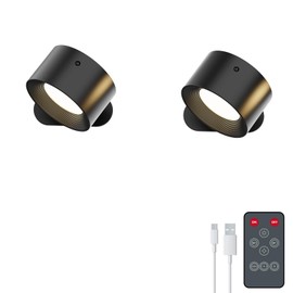 Deyagoo Romote LED Wall Sconce - Rechargeable Wall Light, 3 Colors & 3 Brightness Levels, 360째 Magnetic Rotating Head, Bedside Reading Lamp, Easy Install Battery Operated Wall Lamp Black Pack of 2