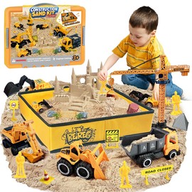 BEIREG Construction Sand Castle Building Kit, Magic Sand Art with Folding Sandbox Construction Vehicles, Sensory Bin Toys for Boys Kids 3-8
