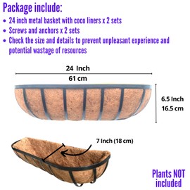 Maxona Fence Planters for Outdoor Plants - 2 Pack, 24 inch Large Window Flower Box, Metal Rail Basket with Coco Liner, Wall Mounted Railings Hanging Balcony Garden Deck Porch Patio Pot Attach to House