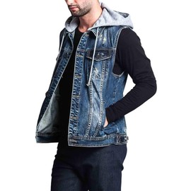 VICTORIOUS Detachable Hood Denim Jean Vest Jacket DK108 - Distressed Dark Indigo - Large - GG1F