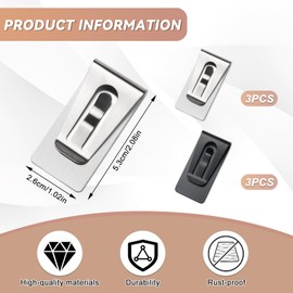 6 Pack Money Clip, Money Clip with Safe Lock, Stainless Steel Tight Bill Holder for Wallet Pocket ID Credit Card Cash, Silver，black, middle level