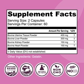 Beef Organ Supplement for Women - Beef Liver, Kidney, Heart and Uterus Tissue, Supports Women's Overall Energy and Health - Pasture Raised in New Zealand - No Fillers or Flow Agents - 120 Capsules