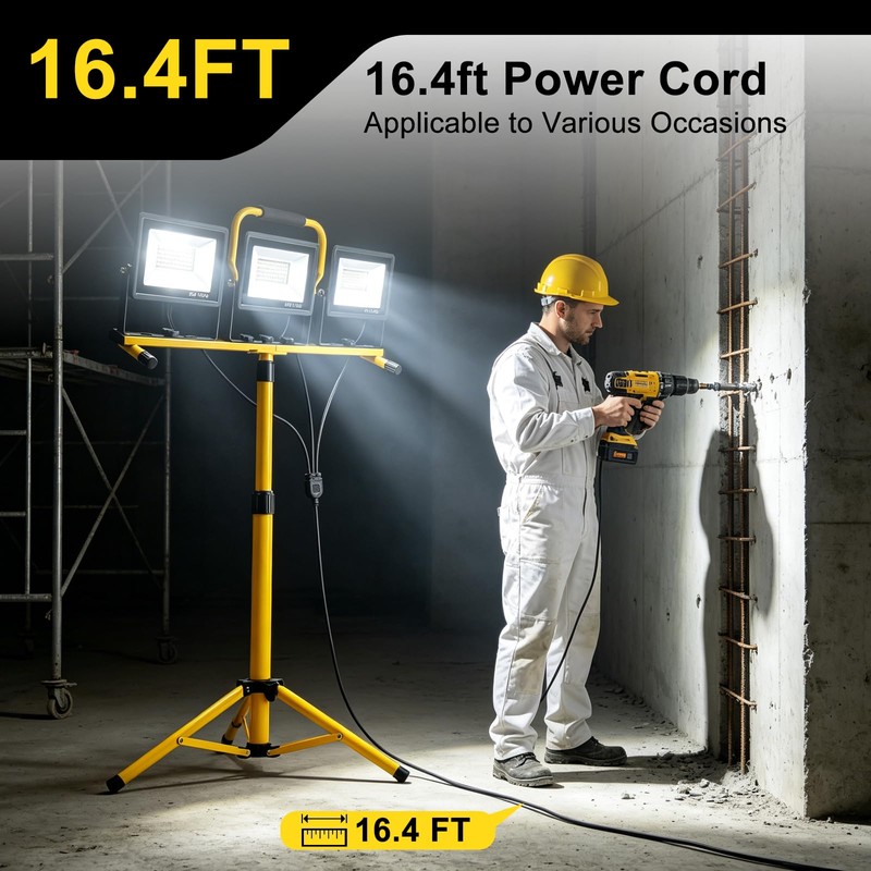 3x70W LED Work Light, Adjustable Tripod Portable Construction Flood Light