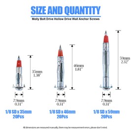 Glarks 60Pcs Heavy Duty 1/8 inch 35/46/59mm Zinc Plated Steel Molly Bolt Drive Hollow Drive Wall Anchor Screws Assortment Kit