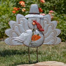 Zaer Ltd. 37" Tall Large Galvanized Thanksgiving Pilgrim Turkey Flat Garden Stake