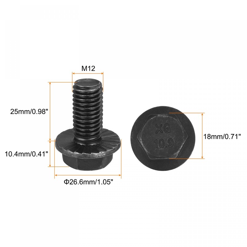 sourcing map M12x25mm Hex Serrated Flange Bolts 10.9 Grade Carbon
