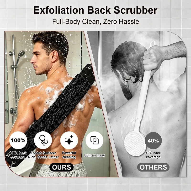 Back Scrubber with Handle,Dual Sided Exfoliating Shower Washcloth (Black)