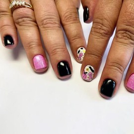 IMRAIN Press on Nails Short Square Fake Nails Pink Black Stick on Nails - Pumpkin, Glitter Designs, Glossy Full Cover DIY Acrylic False Nails for Women Girls 24Pcs
