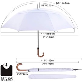G4Free Wooden J Handle Classic Golf Umbrella Windproof Auto Open 52 inch Large Oversized Double Canopy Vented Rainproof Cane Stick Umbrellas for Men Women (White)