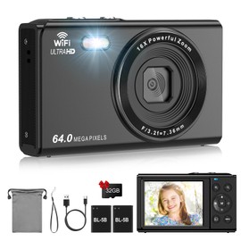 SOPPY Digital Camera with WIFI Transfer, 64MP UHD 4K Vlogging Camera with 32G SD Card, 2.8" LCD Screen Compact Camera with 16X Digital Zoom, Mini Camera for Boys Girls Kids Beginners,Black