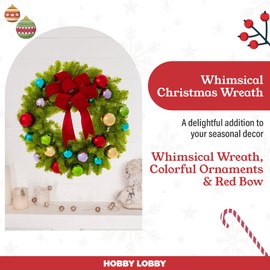 Bright Green Whimsical Christmas Wreath (30”) - Durable Plastic Christmas Reef w/Red Bow & Colorful Round Ornaments - Christmas Wreaths for Front Door, Wall or Mantel - Festive Holiday Decor