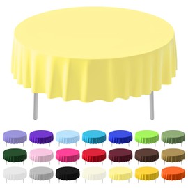 CC-SLZP 3 Pack Premium Plastic Tablecloth, 84 inch Disposable Tablecloths Round Leakproof for Parties, Picnic, Camping, Birthday, Weeding (Light Yellow, Round (3 Pack))