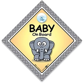 Baby Elephant On Board Car Sign, Baby On Board Sign, Grandchild On Board, Designed to Let Other Road Users a Child is in The Car, 14 cm x 14cm x 2cm