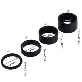 12 PCS Bicycle Headset Spacer Bike Handlebar Stem Spacers Threadless Aluminum Alloy Headset Stem Spacer Set Fit 1 1/8-Inch Stem For MTB BMX Mountain Road Bikes Cycling 2MM 3MM 5MM 10MM(Black)