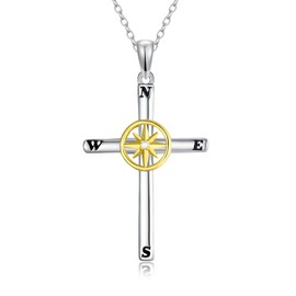Rikelus Natural Diamond Cross Compass Necklace for Girls Women Her, S925 Sterling Silver Pendant Jewelry Gift Birthday Anniversary 18+2 Inch