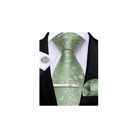 DiBanGu Sage Green Paisley Tie for Men Wedding Party Silk Necktie & Pocket Square Cufflinks Tie Clip Set