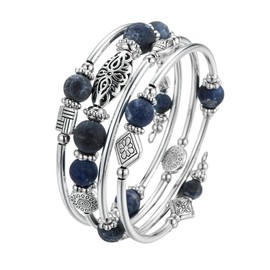 BULINLIN Beaded Silver Bangle Wrap Bracelet for Her, Layered Bohemian Bracelets with Natural Stone, Jewellery Gifts for Women Ladies(Navy blue)