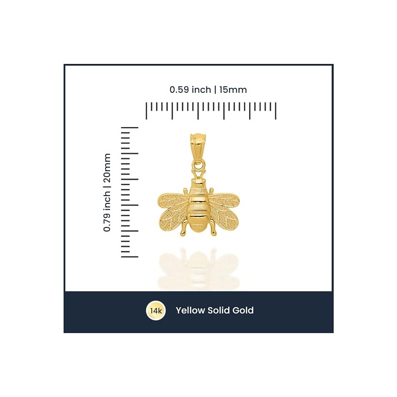 14K Solid Yellow Gold Queen Bumble Bee Necklace Honeybee Pendant