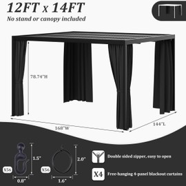 Kimunuk Gazebo Universal Replacement Privacy Curtain,12'X14' Gazebo Outdoor Waterproof Curtains, 4-Panels Sidewall Curtains with Double Zipper for Patio, Garden and Backyard (Only Curtains, Black)