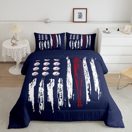Baseball Printed Comforter for Boys Kids Girls American Flag Comforter Set Full Size Home Decor Soft Sports Games Bedding Set Retro Style All Season Bedroom Down Duvet,1 Comforter with 2 Pillowcase