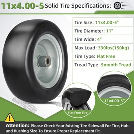 2 PCS 11x4.00-5" Lawn Mower Tires Flat Free,3/4" 5/8" 1/2" Bushing,3.4"-4"-4.5"-5" Centered Hub,Universal Fit Smooth Tread Tire for Zero Turn Lawn Mowers, with Universal Adapter Kit (Gray Rim)