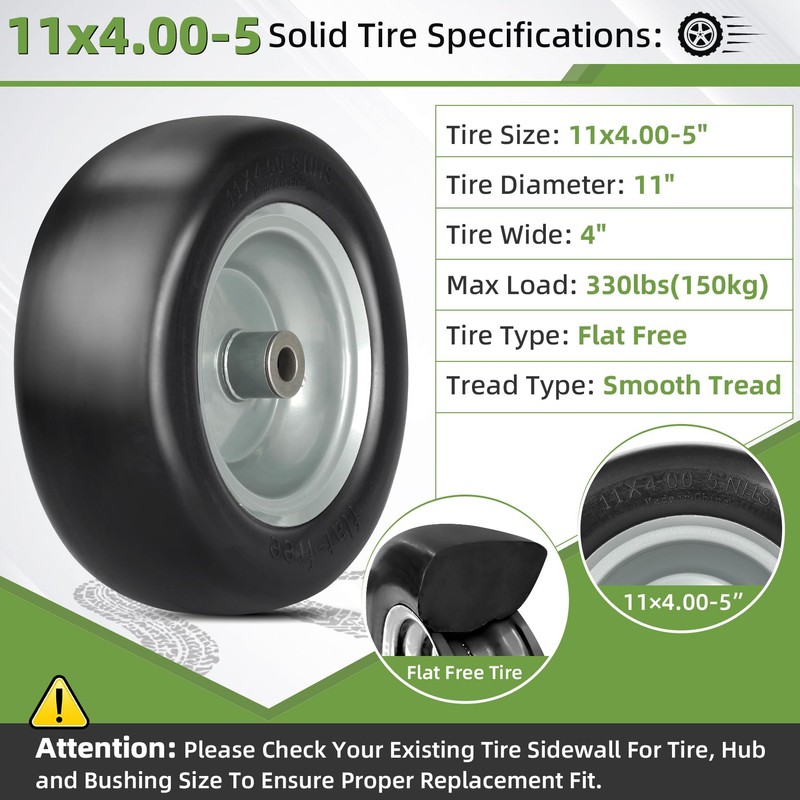 2 PCS 11x4.00-5" Lawn Mower Tires Flat Free,3/4" 5/8" 1/2"