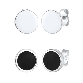 Kuzzoi 0305361722 Men's Earrings Set Round (8 mm) Polished Men's Stud Earrings with Black Enamel 925 Sterling Silver High-Quality Earring Set for Men, Silver