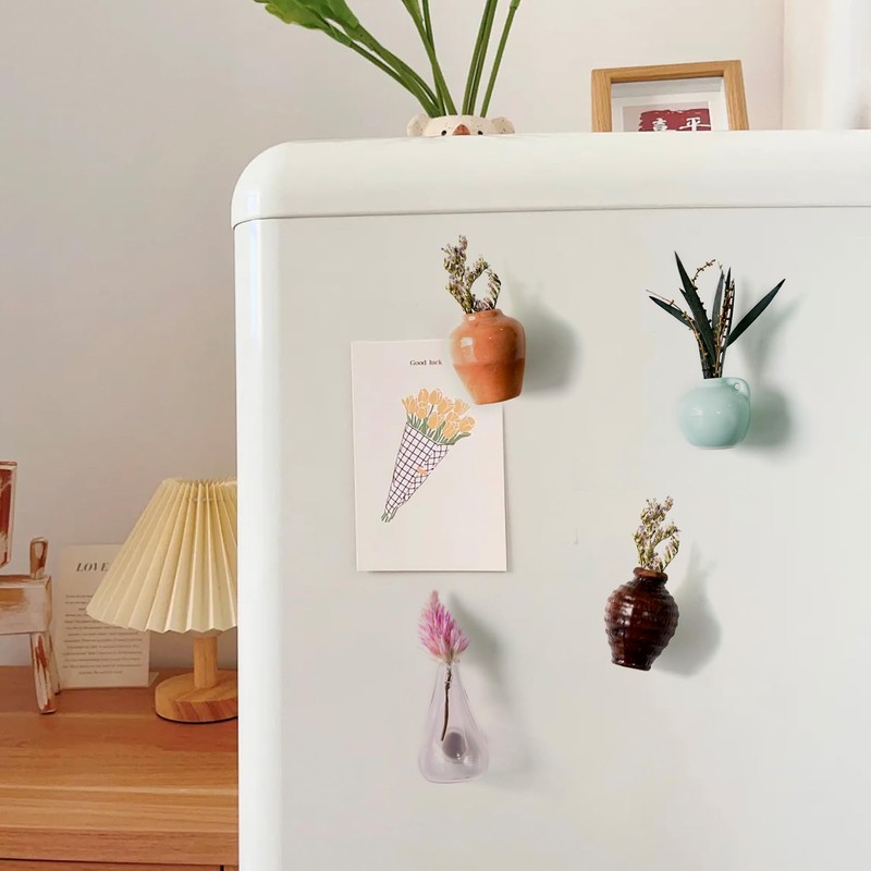 Mini Vase Magnets for Fridge 8 PCS,Small 3D Flower Plant